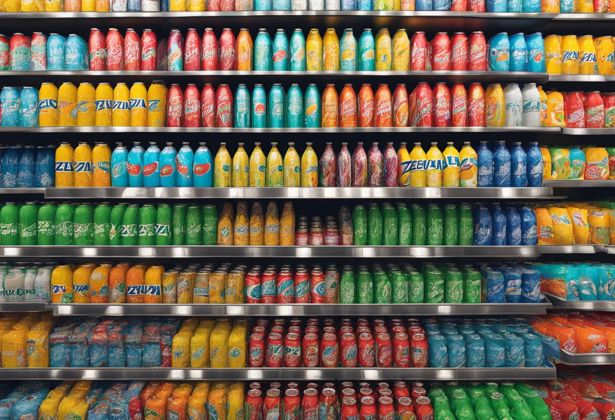 A brightly colored store display features Zevia Soda cans with prominent branding