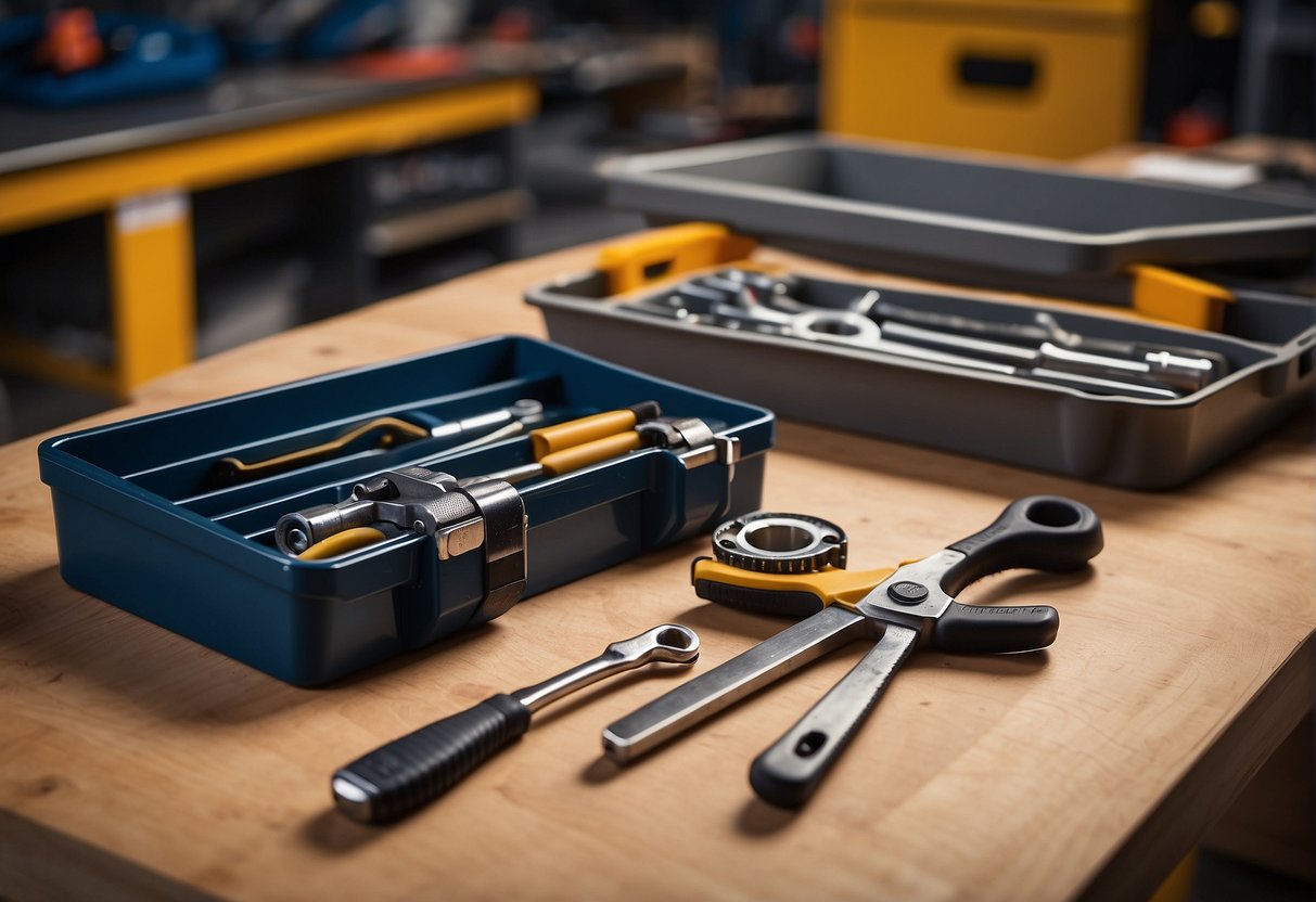 A toolbox open with a 3/8 and 1/4 ratchet side by side on a clean, well-organized workbench