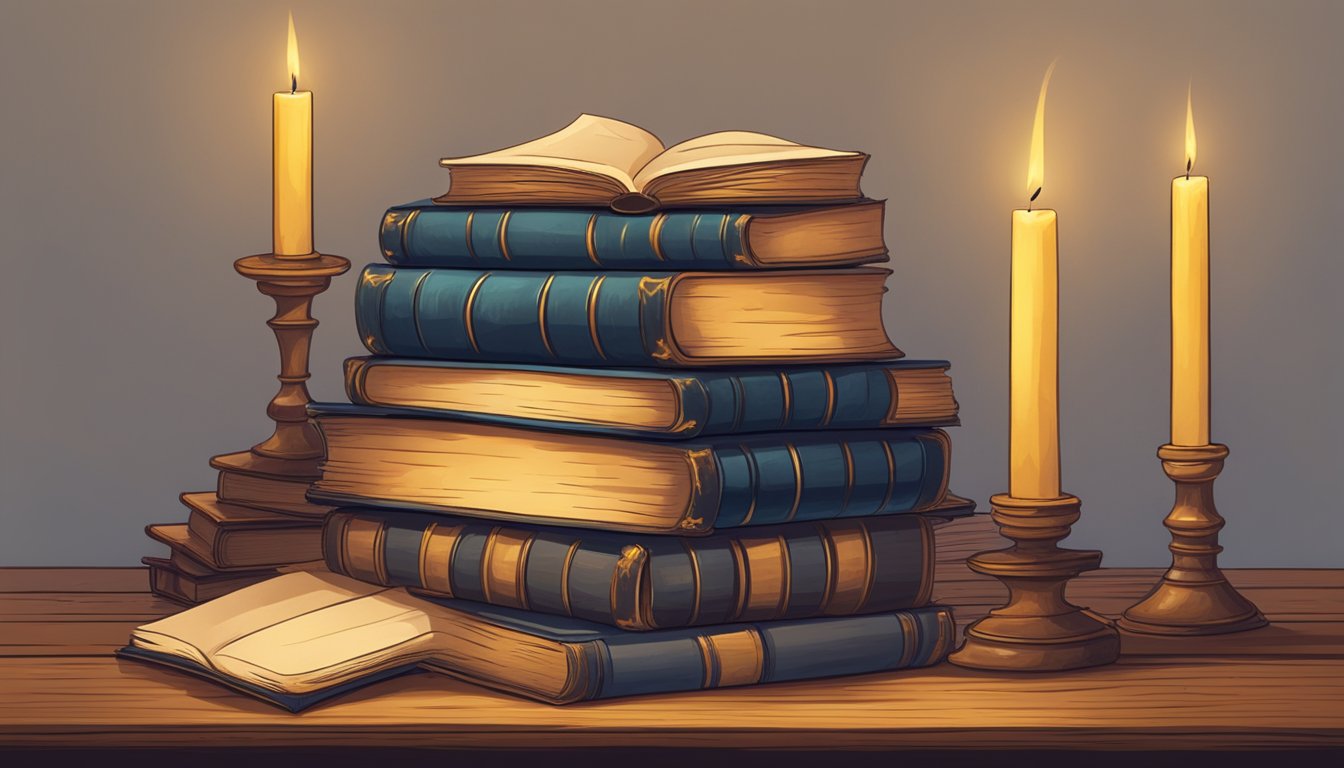 A stack of ancient books on a wooden table, surrounded by flickering candles and old parchment scrolls.</p><p>A mysterious and scholarly atmosphere fills the room
