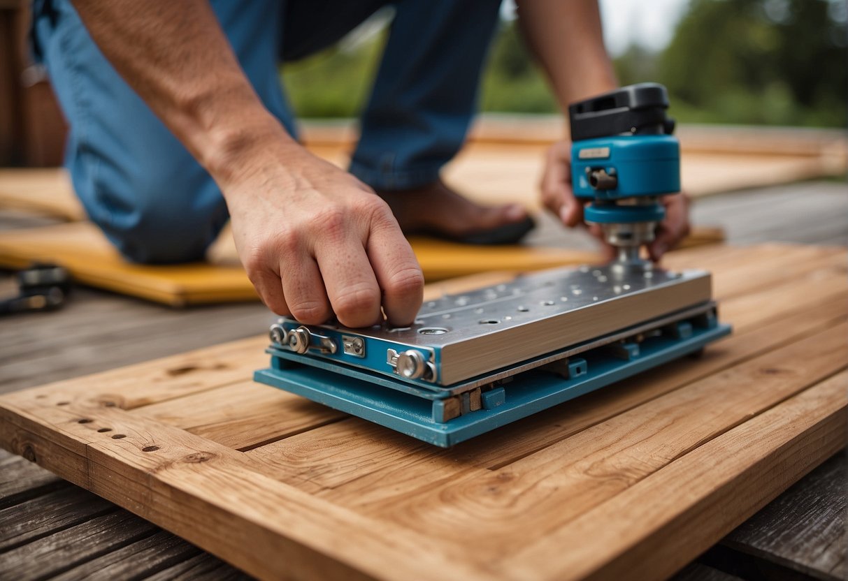 A stamped deck lies flat on the ground, while a fabricated deck is being assembled with precision tools and materials