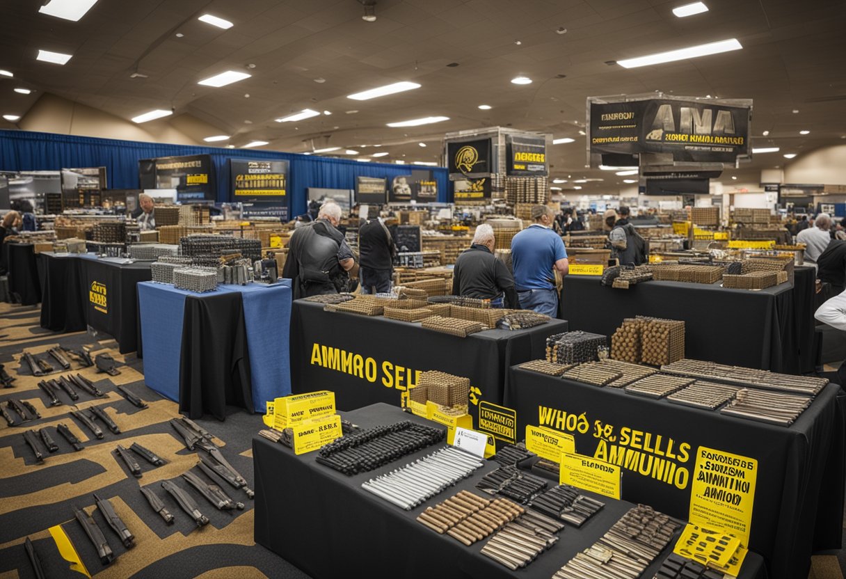 A crowded gun show booth with a sign reading "Who Sells Ammo Palworld?" and various ammunition boxes on display