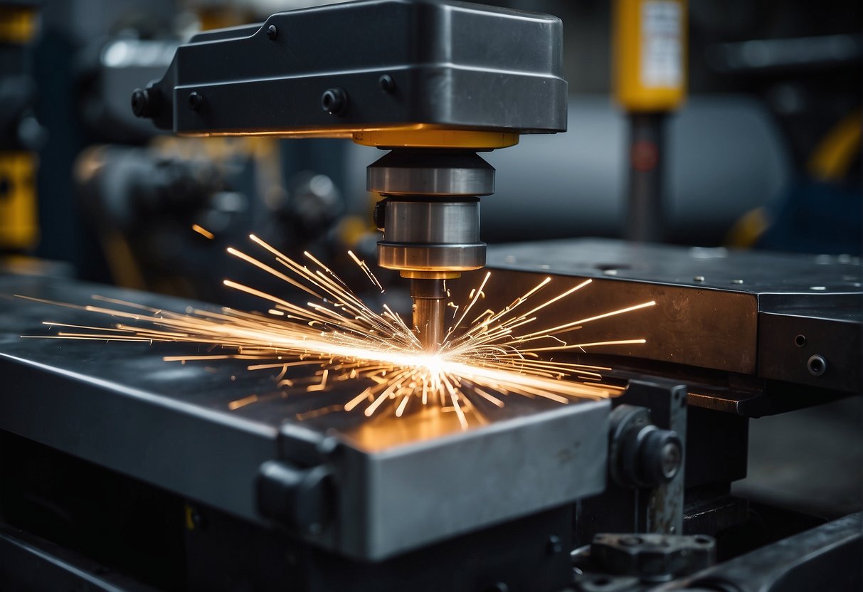 A stamping machine presses metal for stamped deck. A worker welds metal for fabricated deck