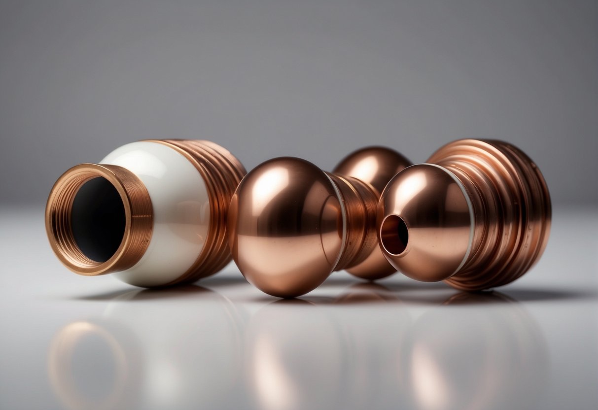 Two pipes, one CPVC and one copper, lie side by side on a clean, white surface. The CPVC pipe is a light beige color, while the copper pipe is a shiny, metallic brown