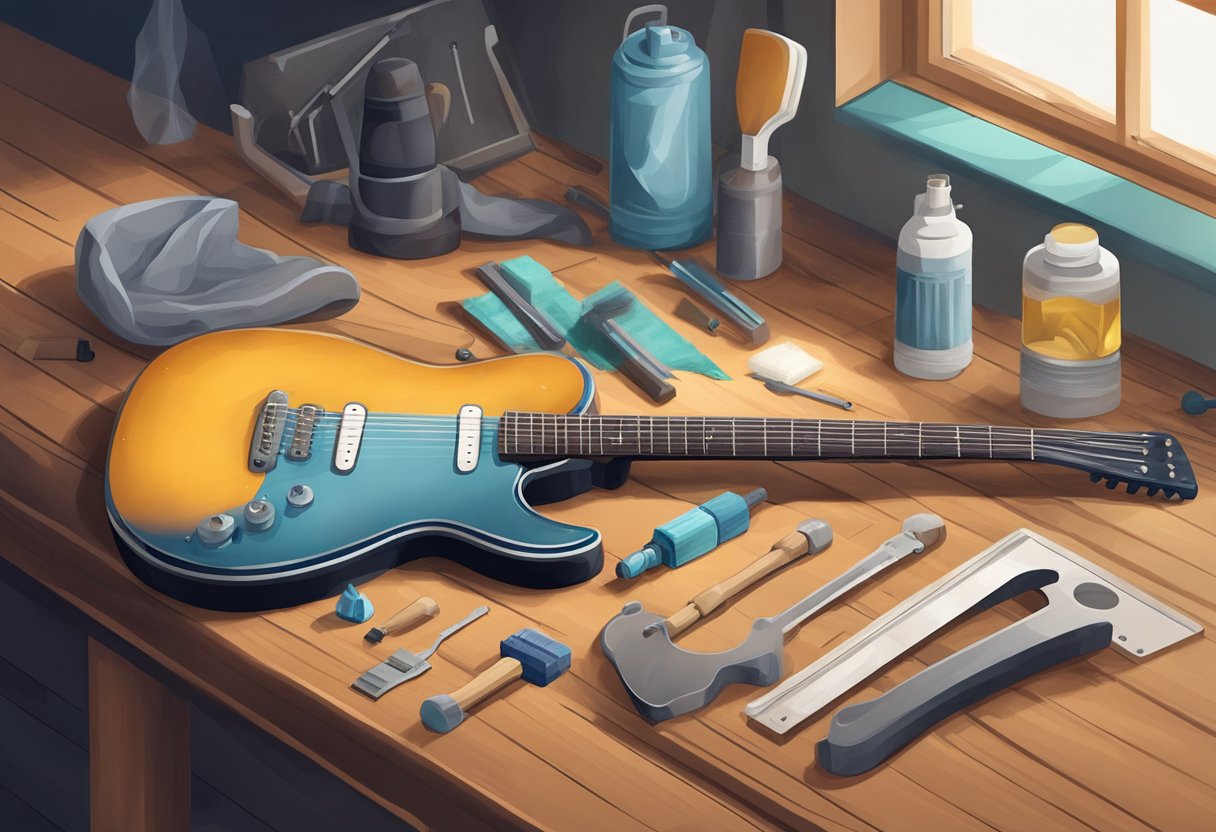 A guitar resting on a workbench, with tools and cleaning supplies nearby. Dust and dirt visible on the instrument's body and fretboard