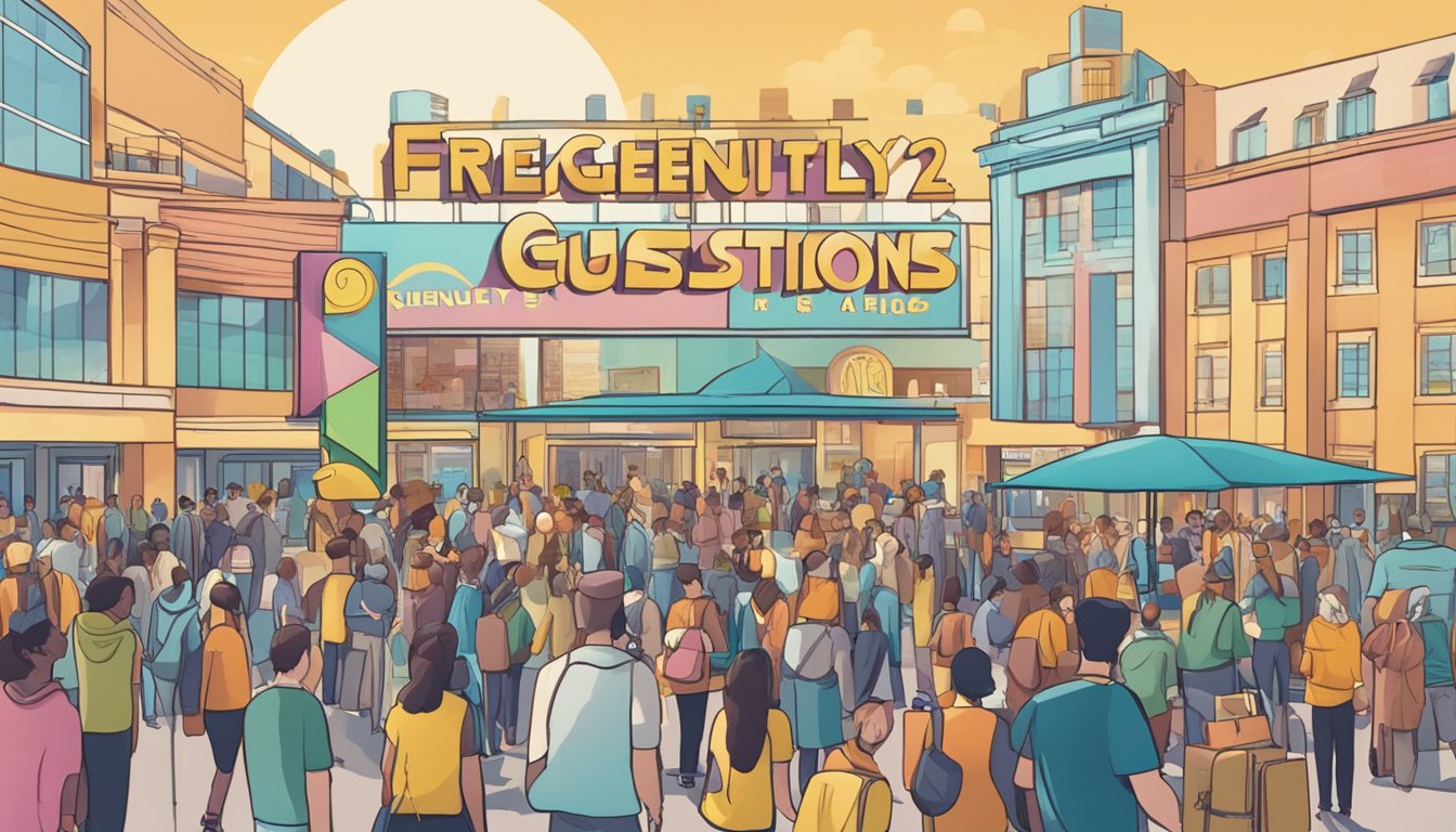 A large sign reading "Frequently Asked Questions 423 Significado" stands in a bustling public area, surrounded by people seeking information