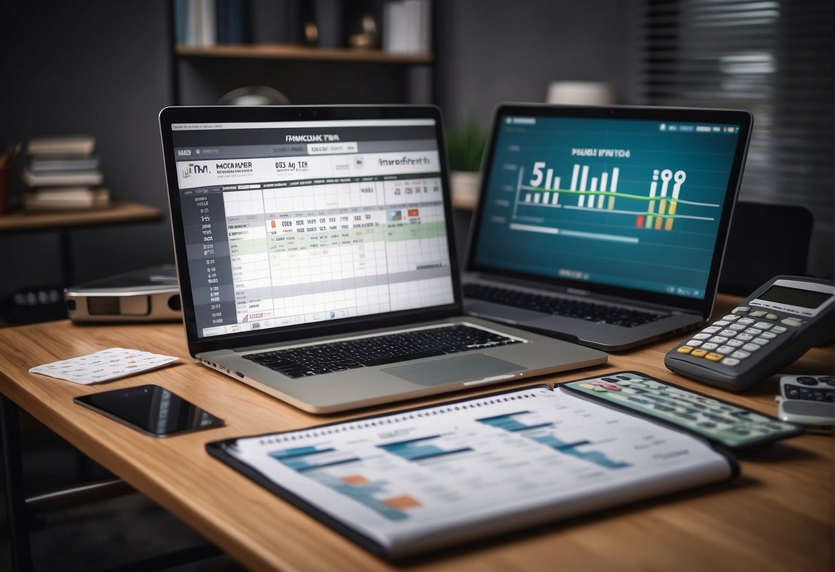 A home office desk with a laptop, calculator, and financial documents. A calendar on the wall shows deadlines and income tracking charts