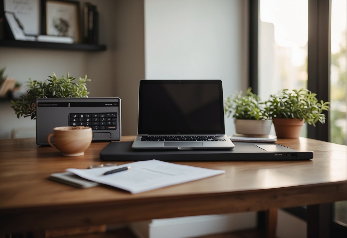 A desk with a laptop, calculator, and financial documents. A cozy home office with natural light and a warm color palette