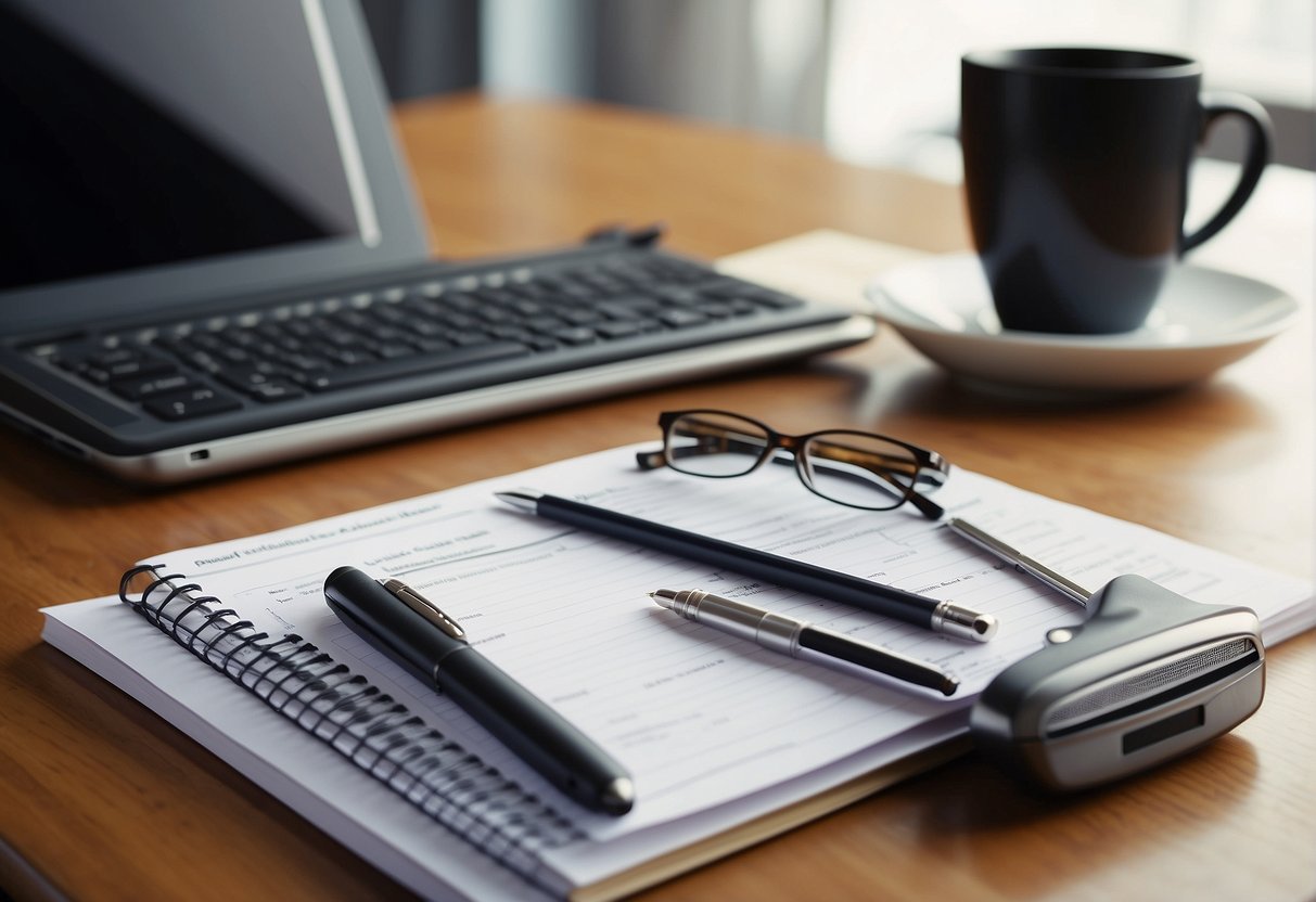 A desk with a laptop, planner, and calculator. A stack of bills and a budget spreadsheet. A cup of coffee and a notepad with income goals