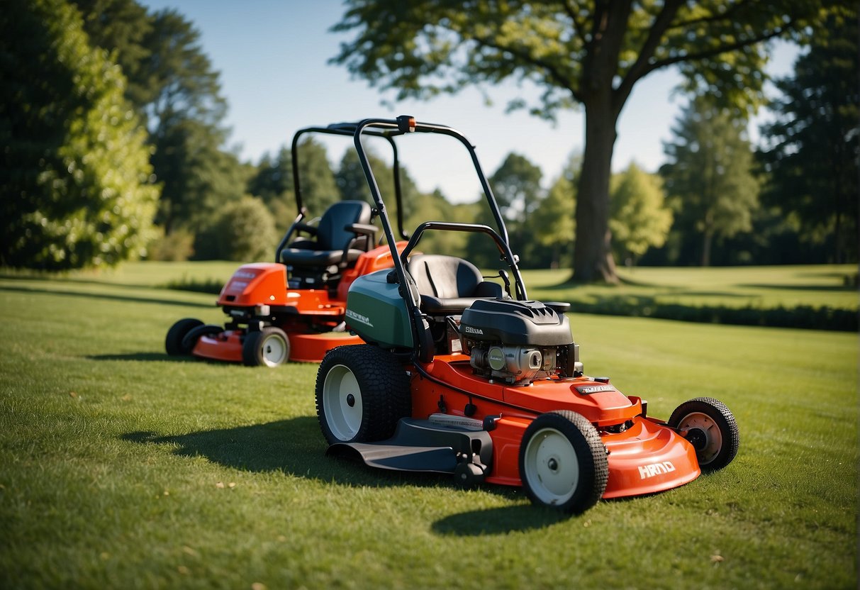 Two Honda lawn mowers, HRN and HRX, facing each other on a lush green lawn, with a backdrop of trees and a clear blue sky