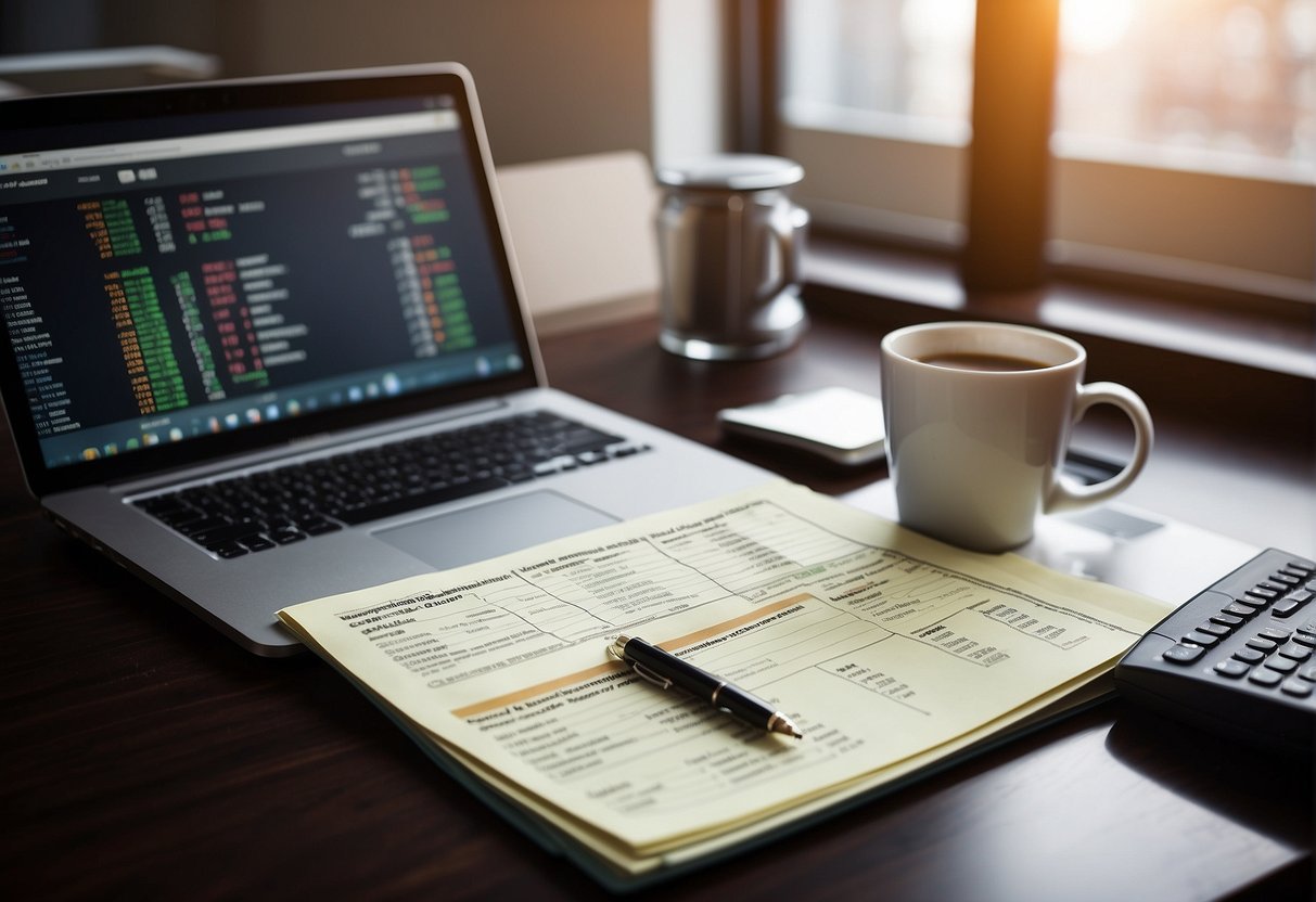A desk with a laptop, calculator, and budgeting spreadsheets. A cup of coffee sits next to a notepad with financial goals written on it