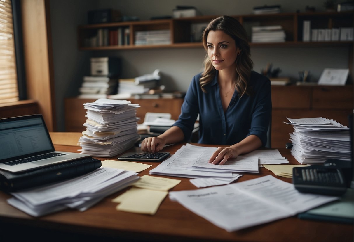 A woman sits at a desk, surrounded by bills and financial documents. She is organizing her debts and managing her credit control as she works from home