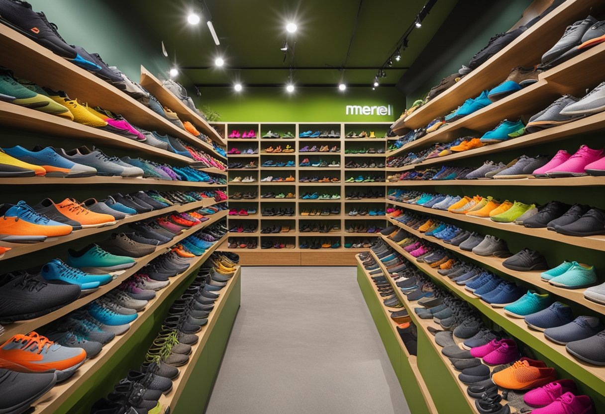 A brightly lit outdoor market stall displays a variety of Merrell shoes in different sizes and styles. The colorful shoes are neatly arranged on shelves and racks, with a large sign above reading "Who Sells Merrell Shoes?"