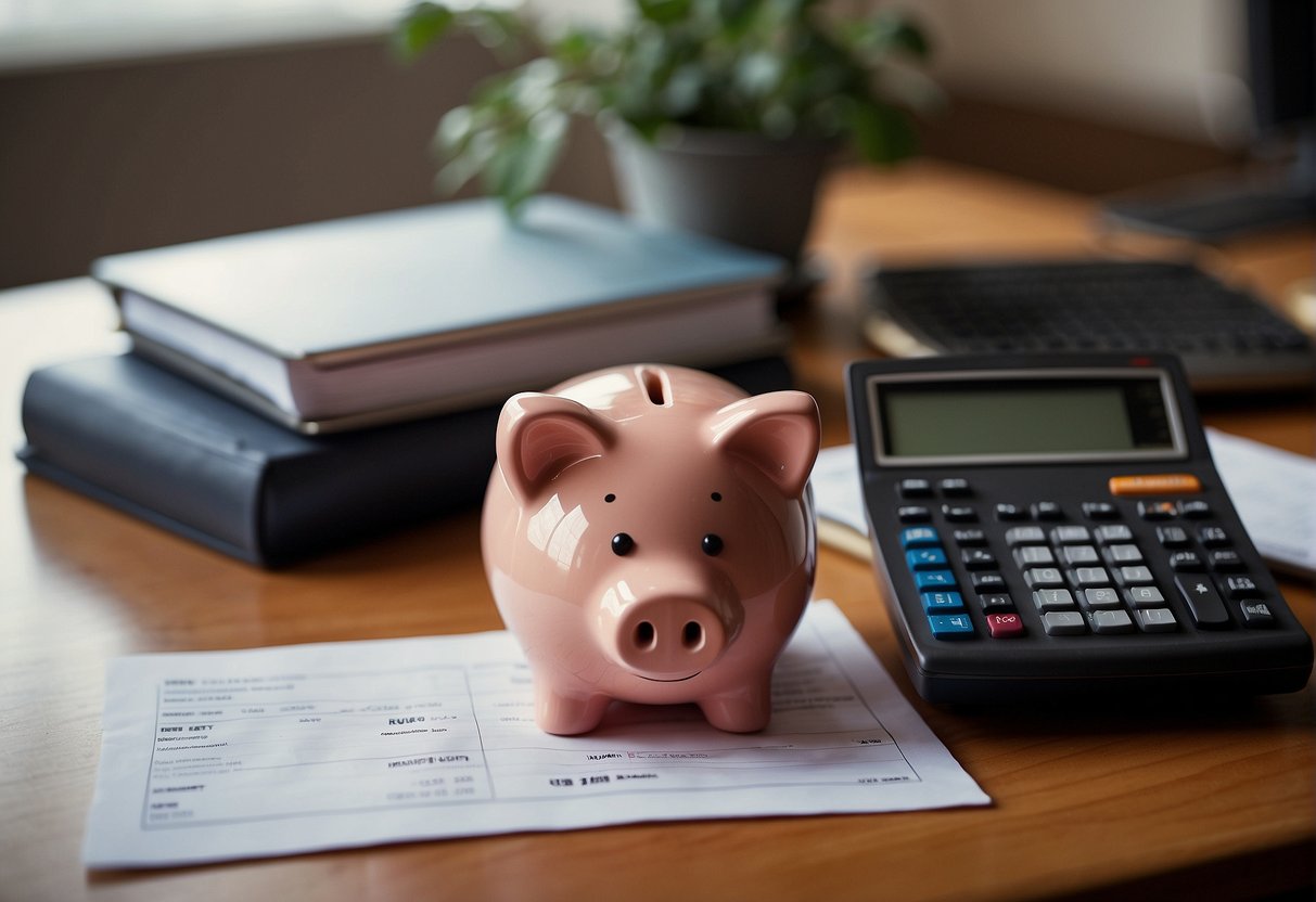 A home office desk with a laptop, calculator, and financial documents. A chart showing steady growth and a piggy bank symbolizing savings and investment