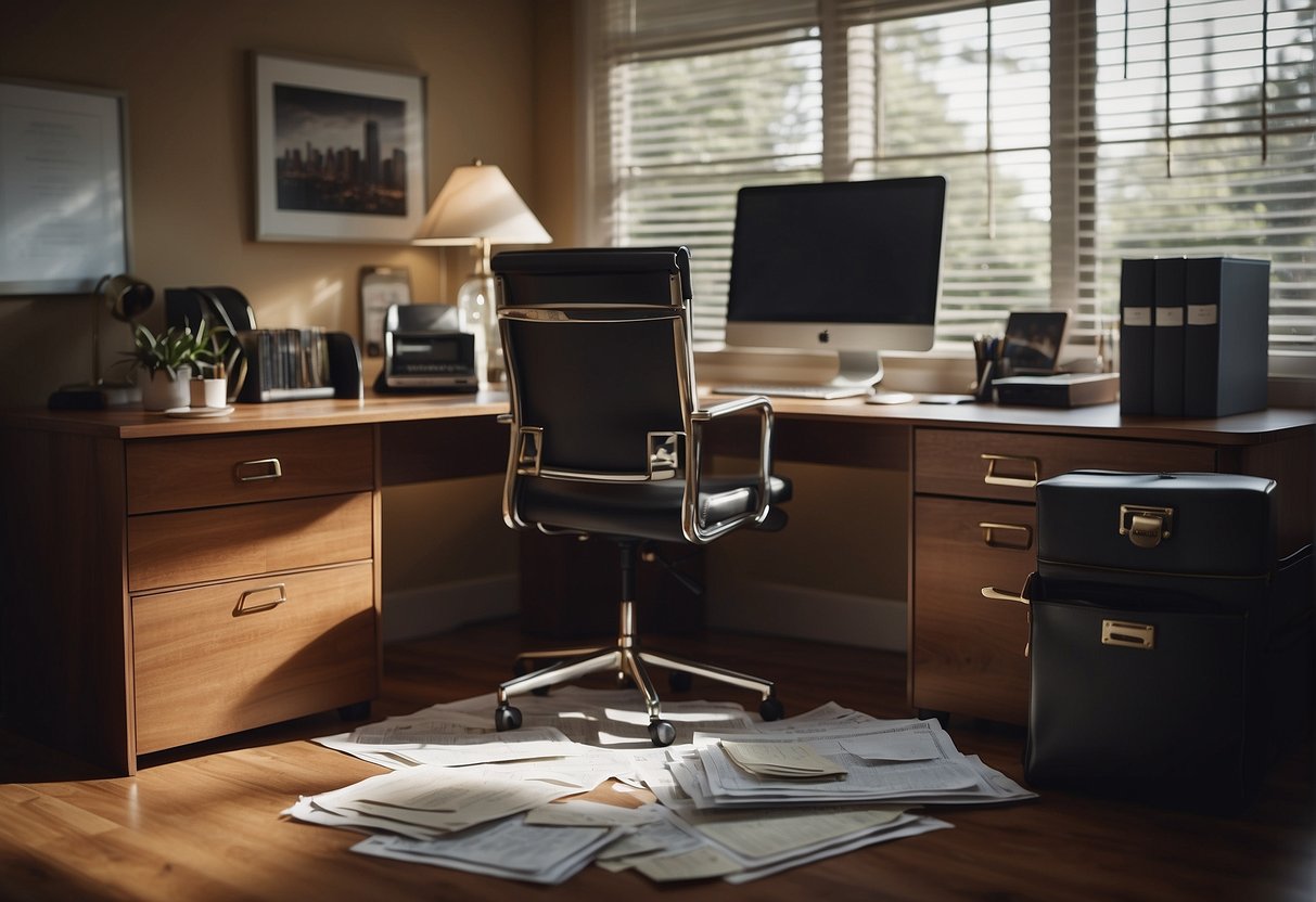 A home office with a desk, computer, and file cabinet. A woman's purse and a stack of bills on the desk. A calendar with important dates