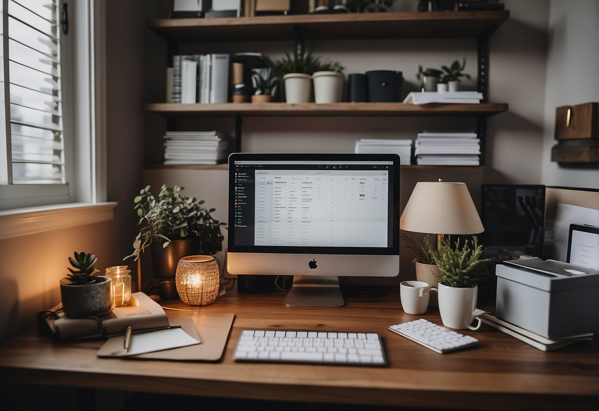 A cozy home office with a desk, computer, and organized financial documents. A vision board displaying financial goals and a calendar with milestones