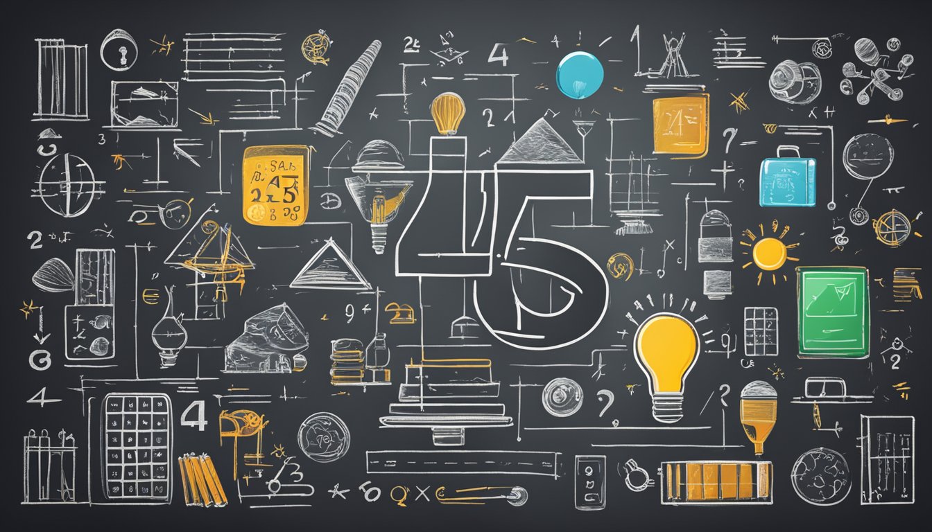 A chalkboard with the number "445" written in bold, surrounded by practical applications and mathematical symbols