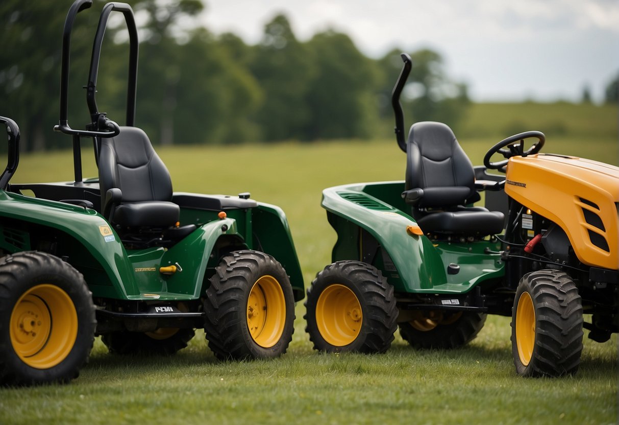 A person effortlessly adjusts the seat and controls on three different lawn tractors, showcasing their user-friendly design and comfortable features