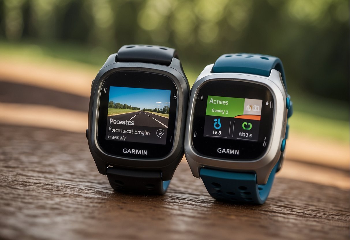 Two smartwatches racing on a track, Garmin and Apple logos visible