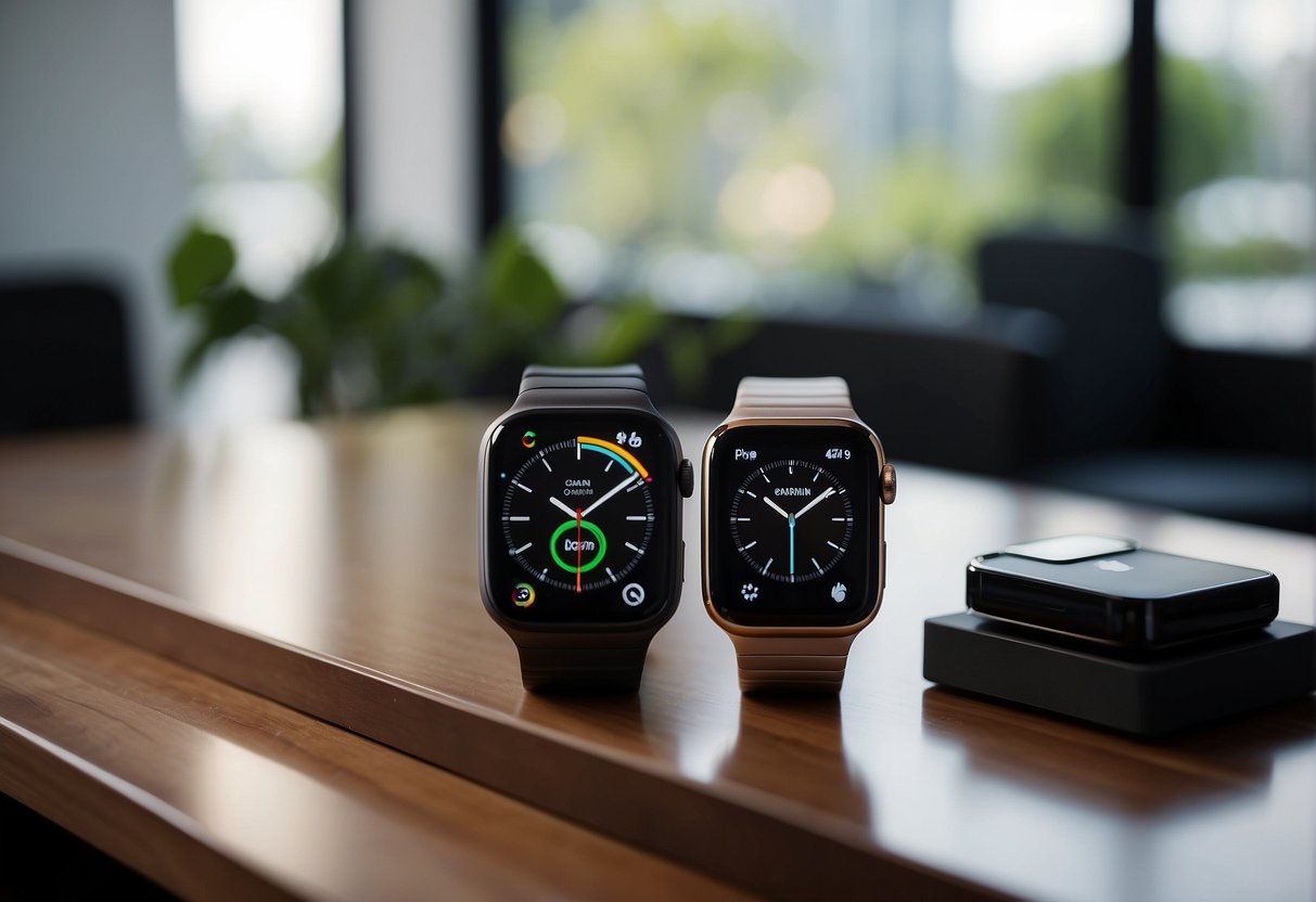 A Garmin watch and an Apple watch are placed side by side on a sleek, modern table. The watches are lit by soft, natural light coming from a nearby window, highlighting their sleek and stylish designs