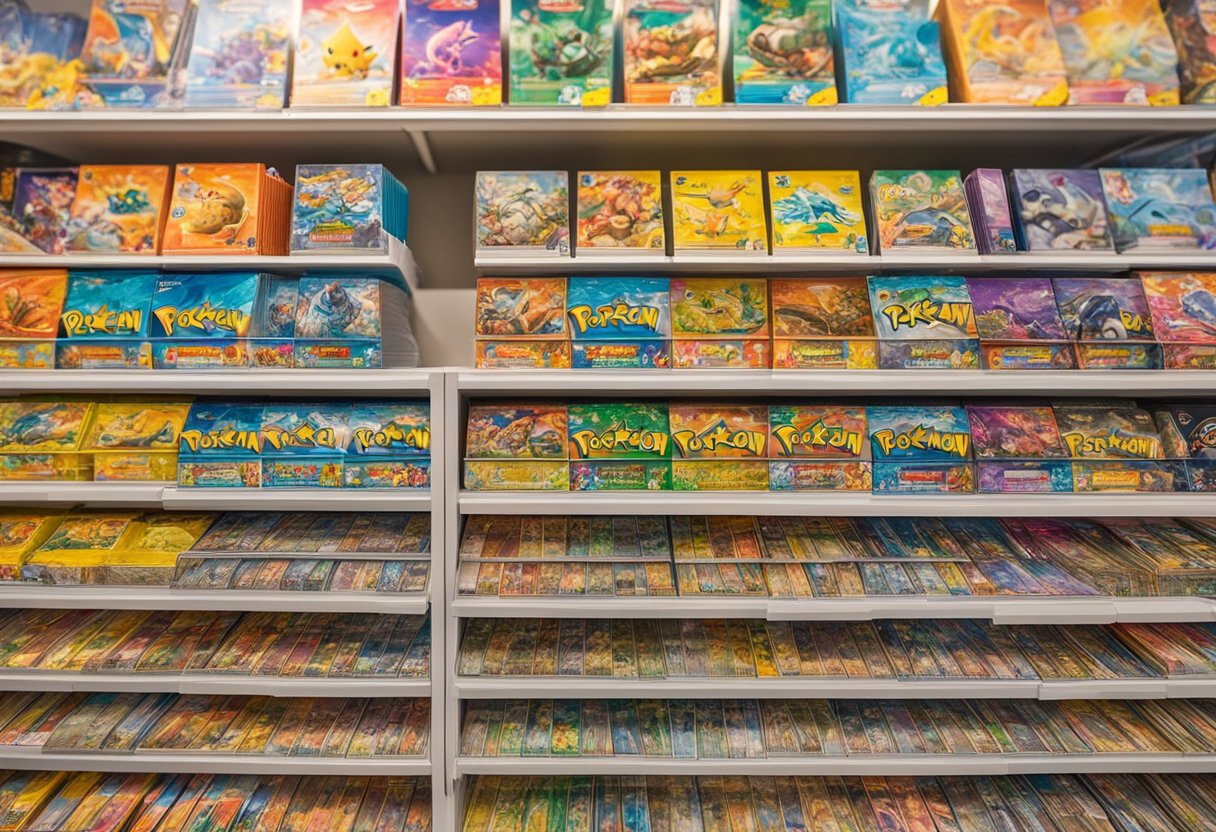 A colorful display of Pokemon cards arranged on shelves, with bright packaging and eye-catching artwork. Customers browse the selection, pointing and discussing their choices