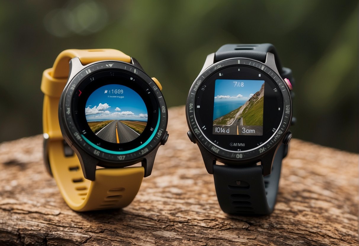 Two smartwatches, Garmin and Apple, in a side-by-side running comparison