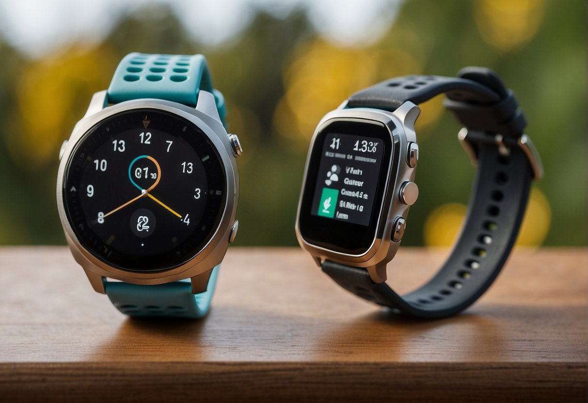 Two smartwatches, Garmin and Apple, side by side, displaying running data. Icons show connectivity and compatibility between the two devices