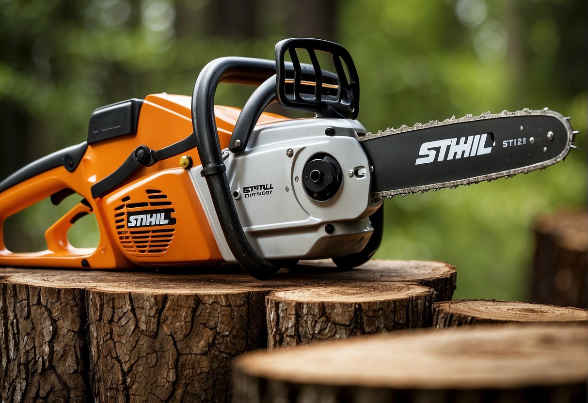 Two chainsaws, Stihl MS 250 and Stihl MS 251, side by side with detailed specs displayed