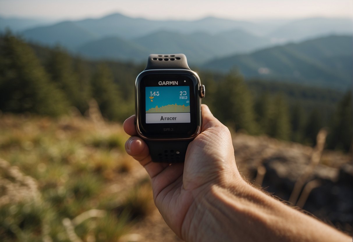 A person wearing a Garmin and an Apple Watch running side by side, with a scenic backdrop of a trail or track