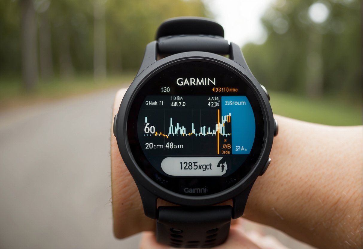 A smartwatch with GPS tracking and heart rate monitor displays on a runner's wrist. The runner is comparing Garmin and Apple Watch features while jogging