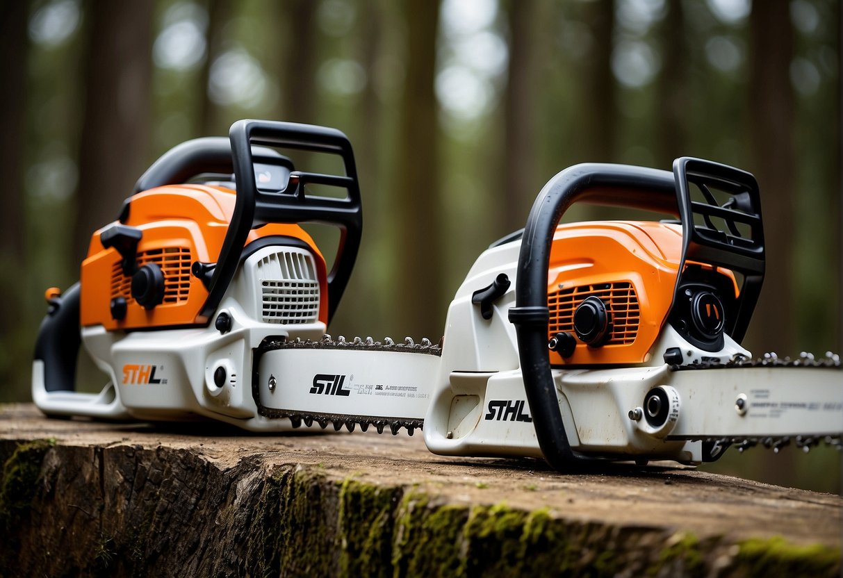 The Stihl MS 250 and Stihl MS 251 are placed side by side, showcasing their sleek design and ergonomic features. The specifications of each model are highlighted, emphasizing their differences in size, weight, and performance