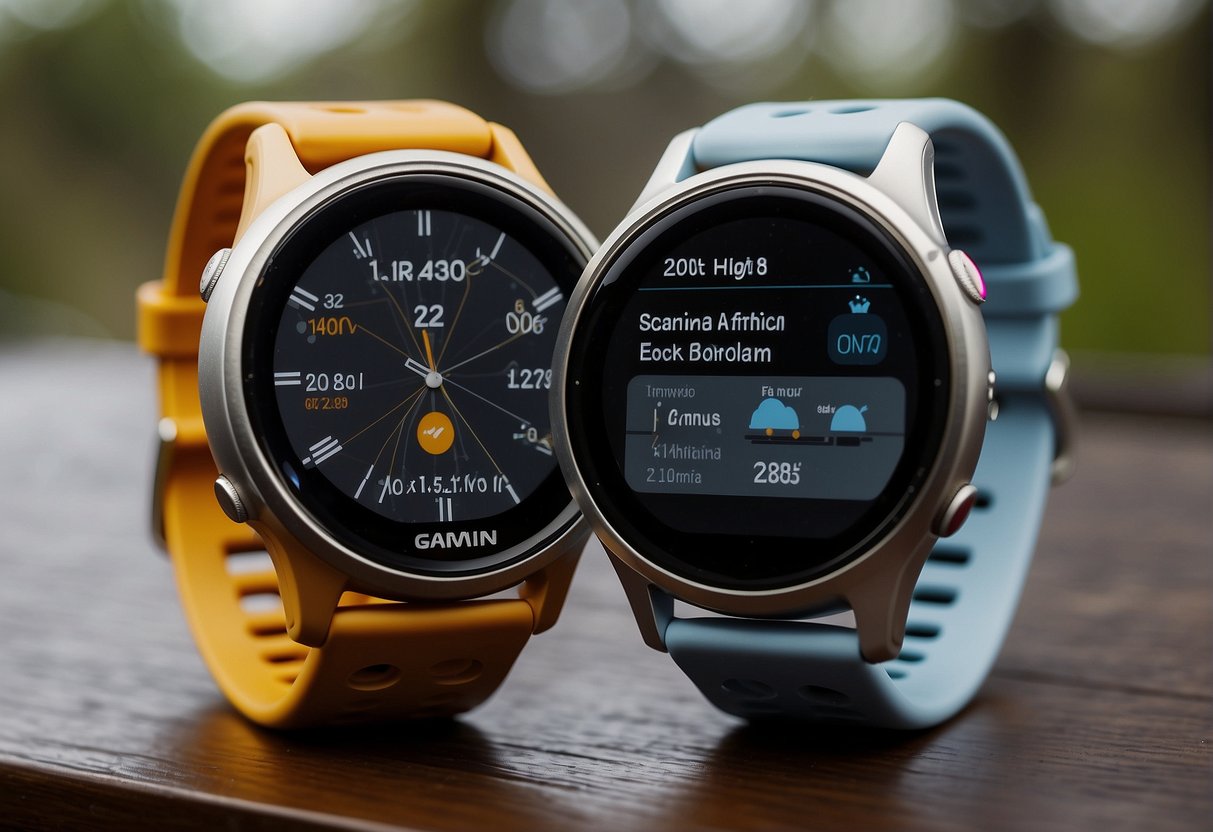 A Garmin watch and an Apple Watch are shown side by side, with navigation screens visible on both devices. The Garmin watch displays detailed maps and route information, while the Apple Watch shows a simplified map with directional arrows