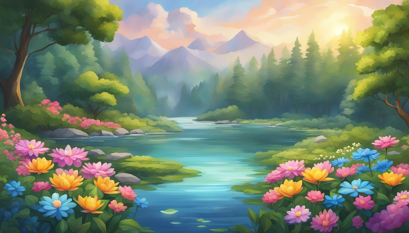 A serene, glowing mandala floats above a tranquil, flowing river, surrounded by vibrant, blooming flowers and lush, green foliage