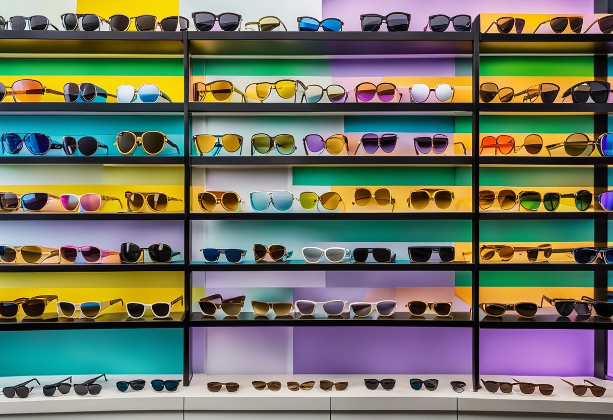 A colorful display of Quay sunglasses arranged on a sleek, modern shelf in a trendy boutique. The logo and branding are prominently featured