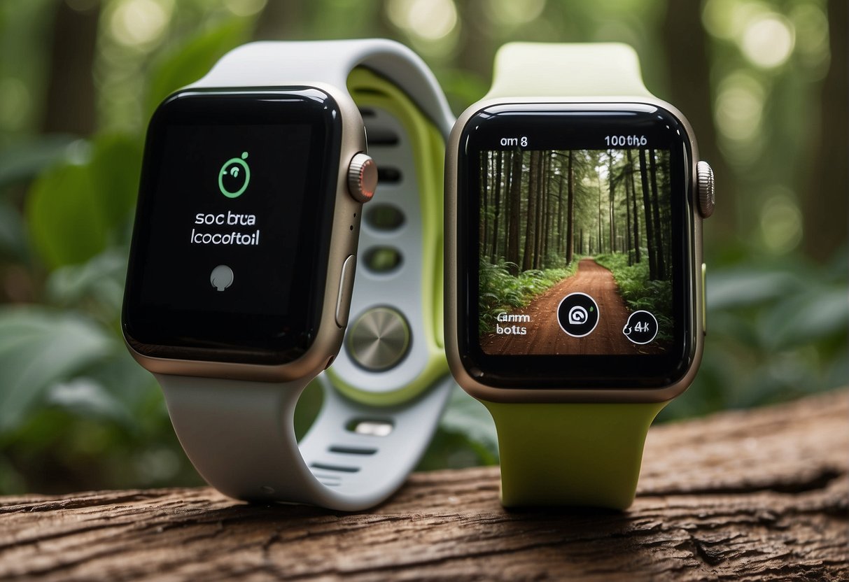 A lush forest with a clear running trail, showcasing a Garmin and an Apple Watch side by side, both seamlessly integrating with the natural environment