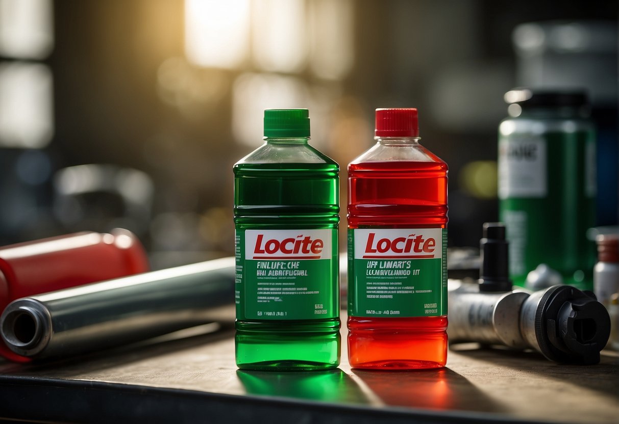Two bottles of loctite, one green and one red, sit side by side on a workbench