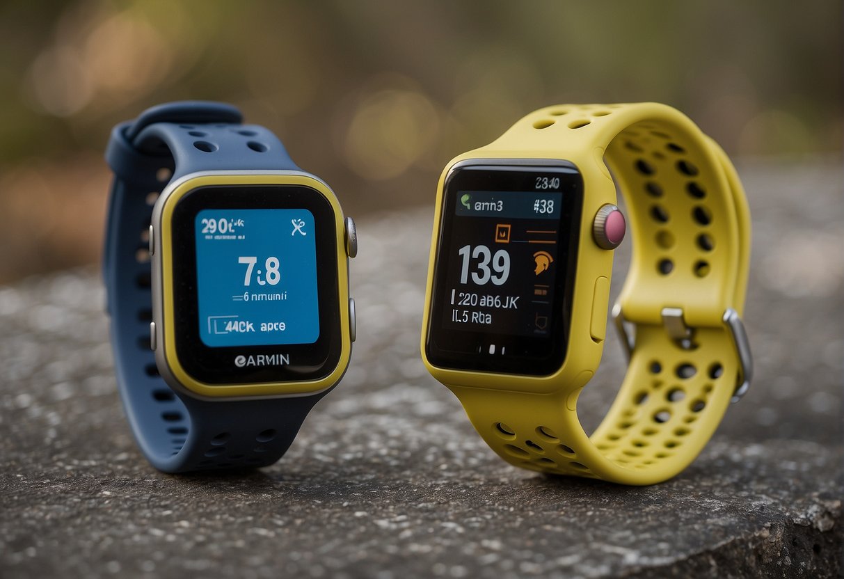 A Garmin and an Apple watch sit side by side, each displaying their running metrics. The Garmin shows distance, pace, and heart rate, while the Apple watch features its sleek design and vibrant screen