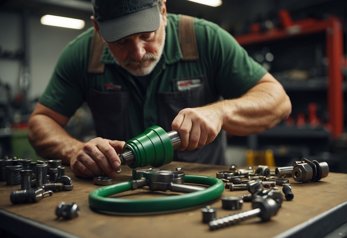 A mechanic applies green Loctite to a bolt while comparing it to a red tube. Tools and machinery surround the workbench