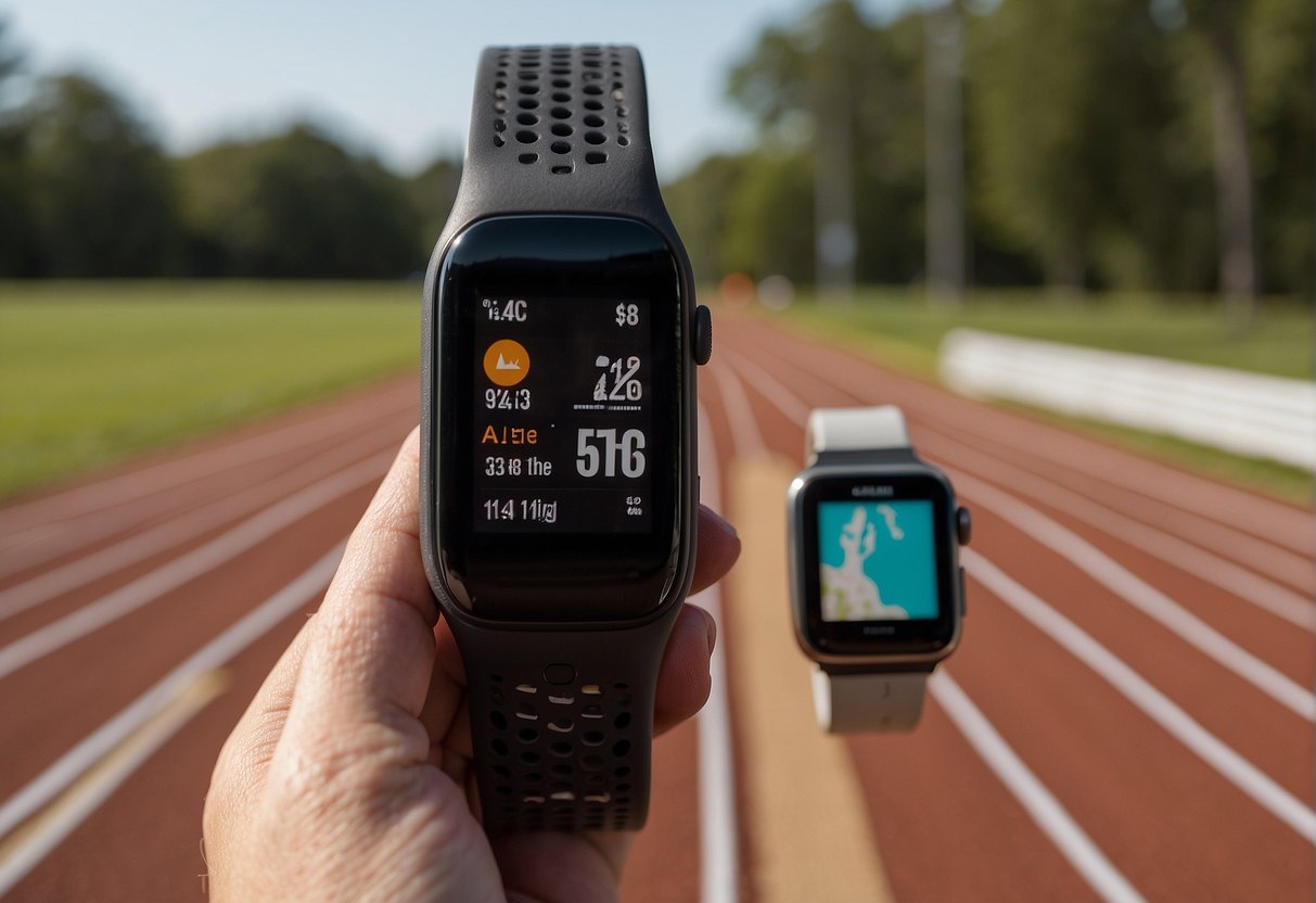 A person wearing a Garmin and an Apple Watch running side by side on a track, with a focus on the devices and their features