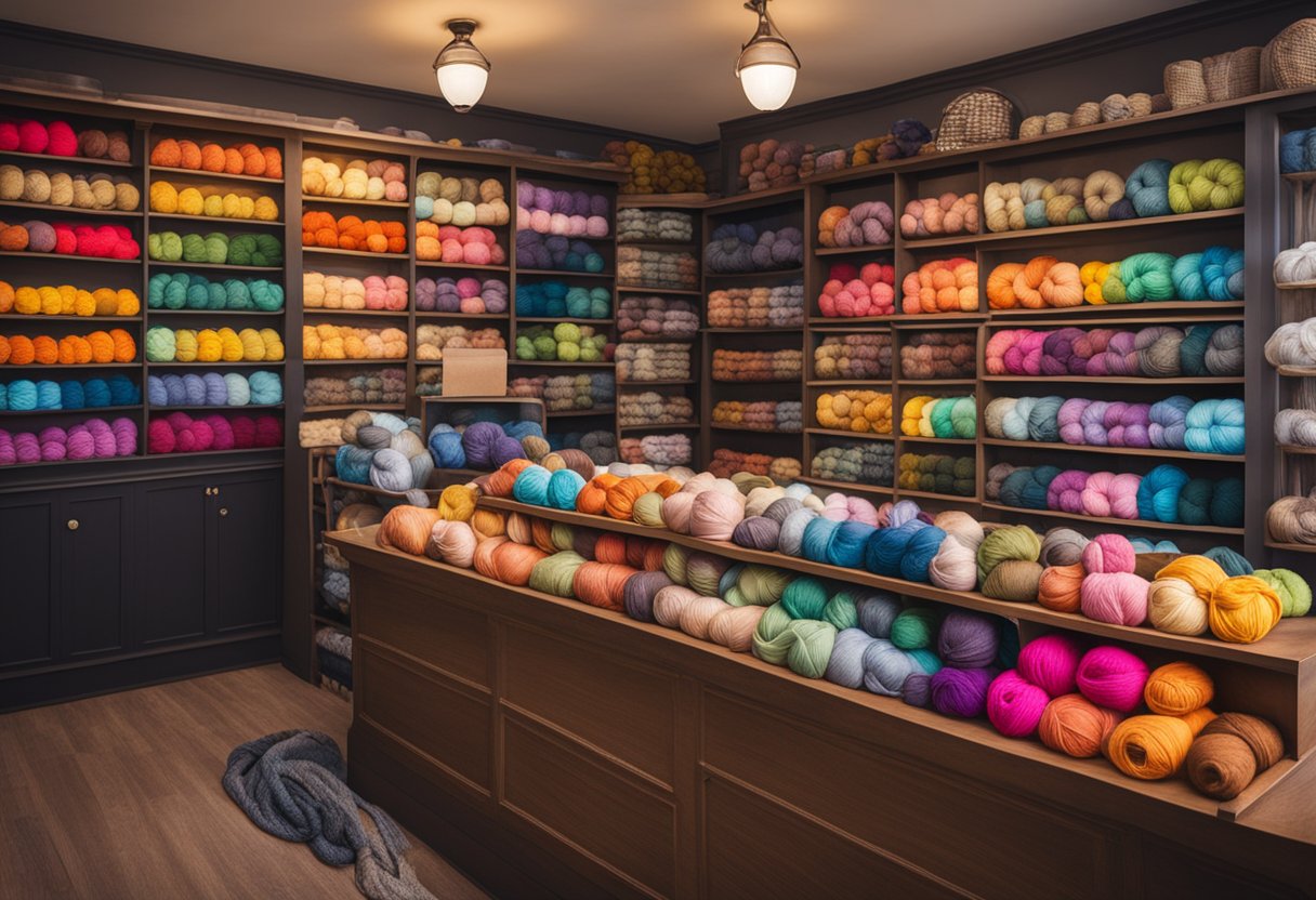 A cozy yarn shop with shelves full of colorful skeins, a cash register on the counter, and a sign that reads "Who Sells Yarn?"