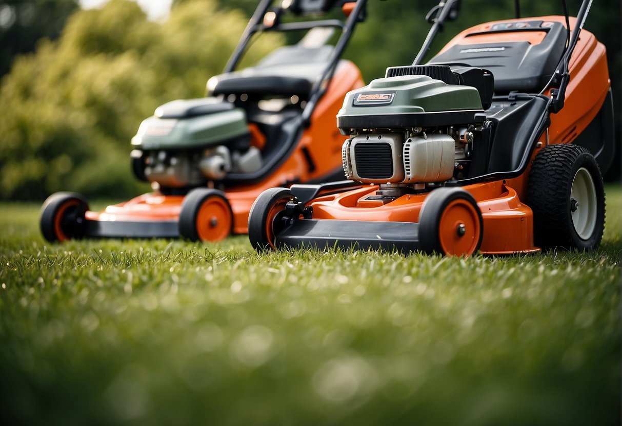 Two commercial lawn mowers, Exmark and Scag, face off in a grassy field, with their blades spinning and engines roaring