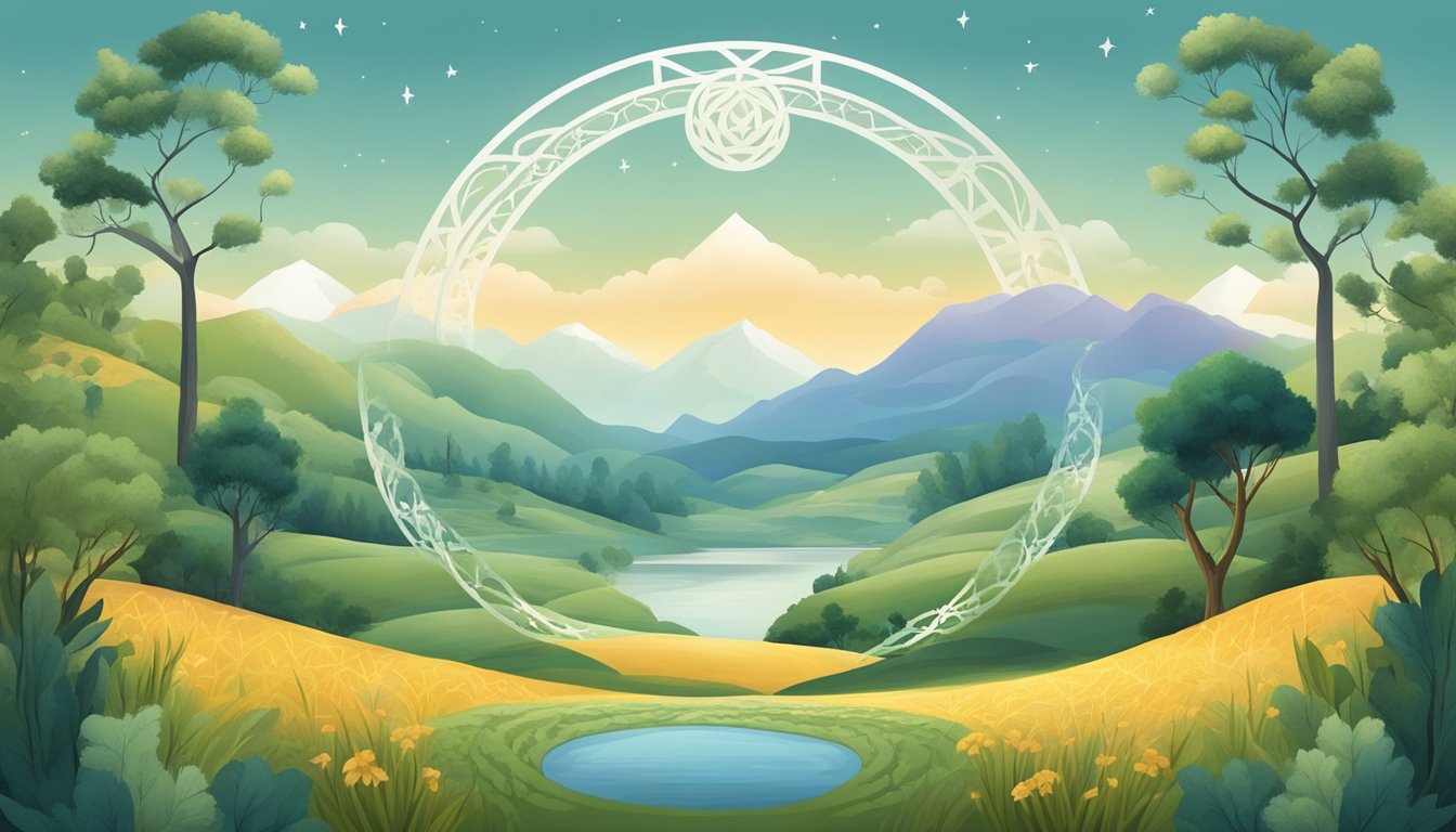 A serene landscape with five prominent nines arranged in a circular pattern, surrounded by symbols of personal growth and transformation