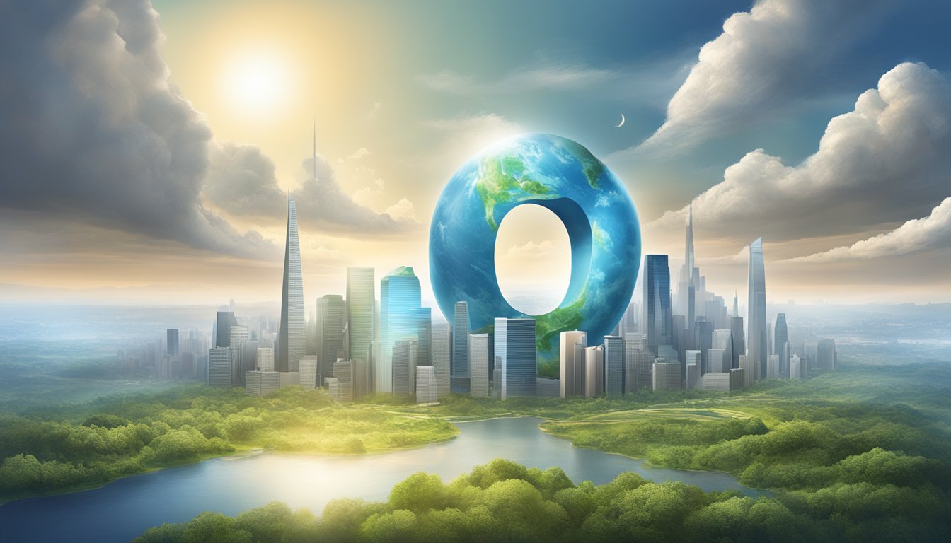 "99999" symbol towering over the world, casting a powerful impact on global landscapes, with its significance radiating across the earth