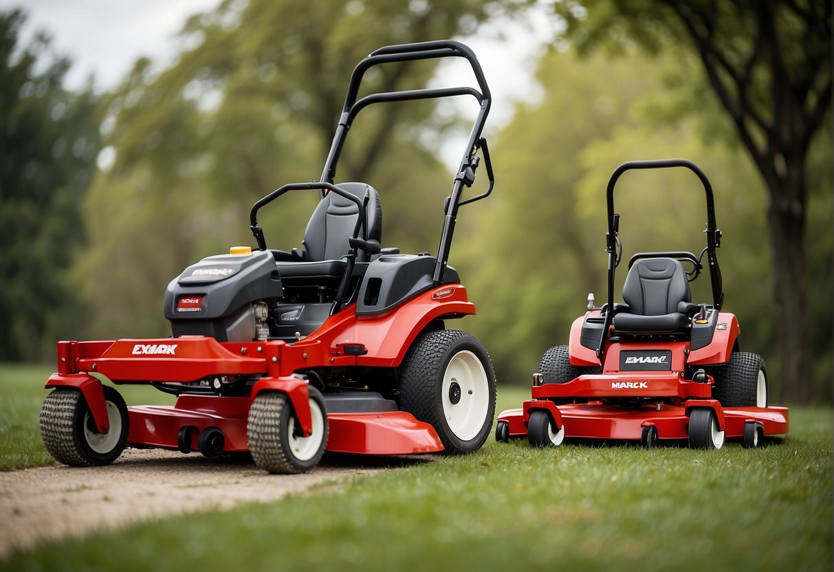 A comparison of Exmark and Scag mowers, showing their distinct designs and features in a side-by-side display
