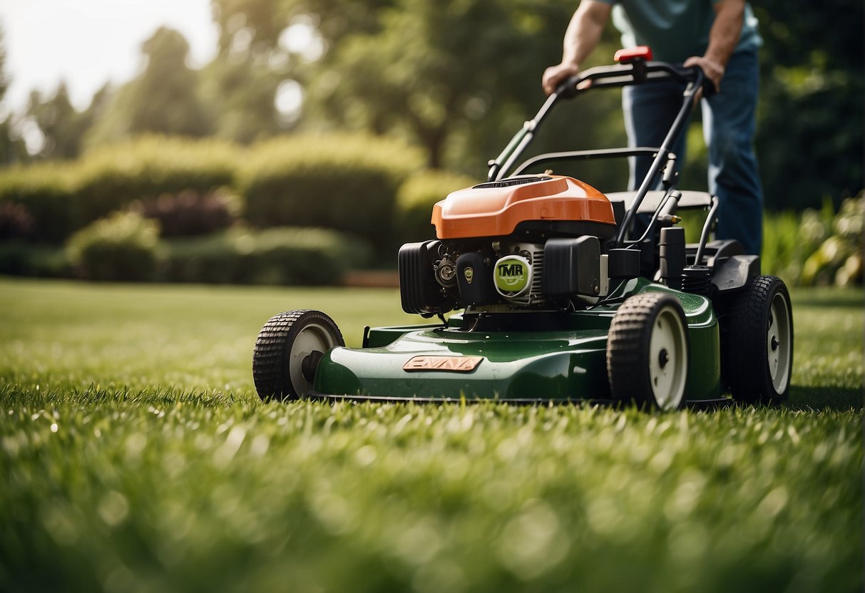 Two lawn mowers, Exmark and Scag, cutting grass side by side with precision and speed