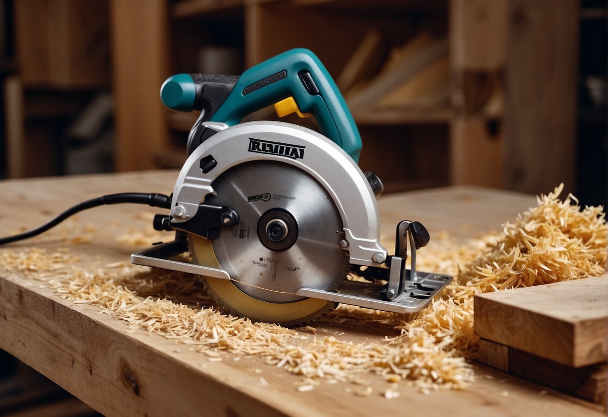 A 6 1/2 vs 7 1/4 circular saw comparison, side by side on a workbench with sawdust and wood shavings scattered around