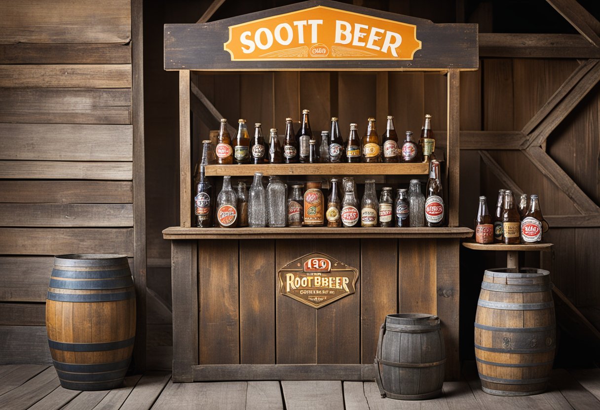 A vintage soda stand with 1919 Root Beer signage, surrounded by old-fashioned glass bottles and a rustic wooden crate