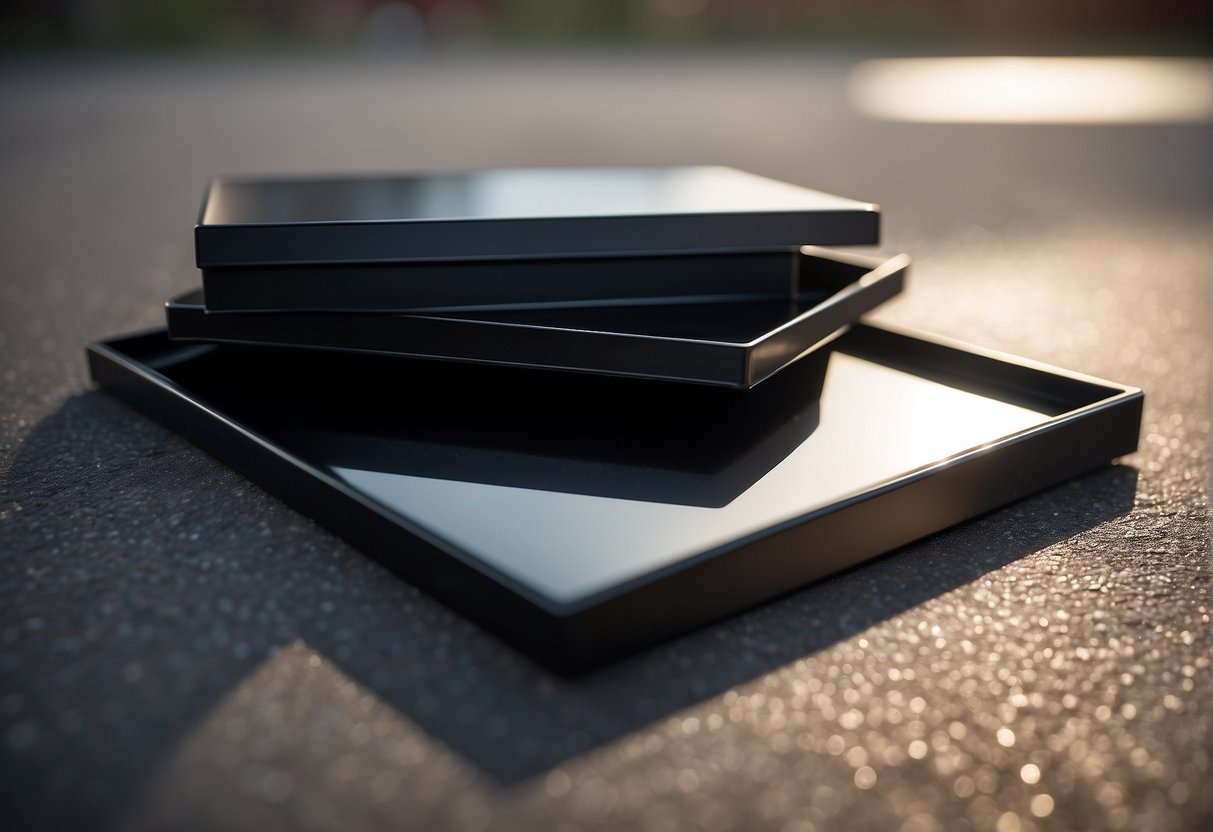 Two metal plates, one black oxide and the other zinc plated, lay side by side on a clean, well-lit surface