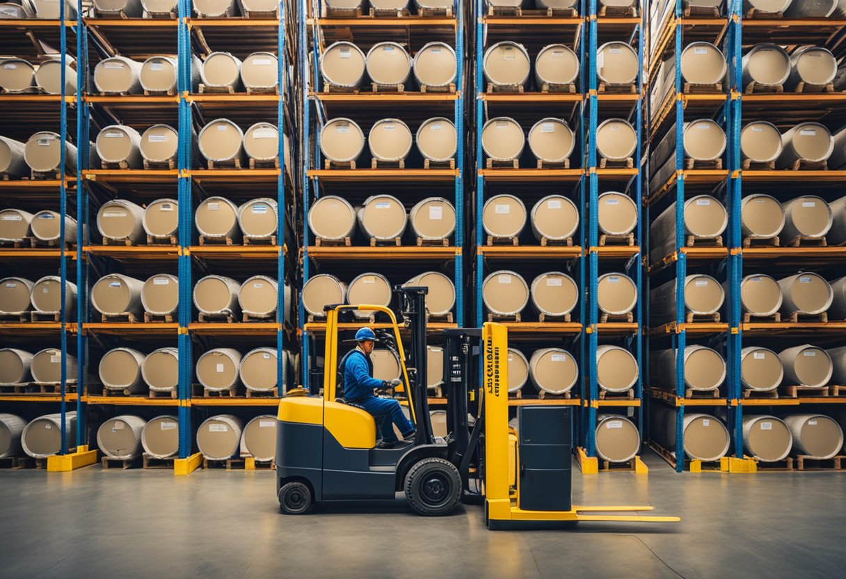 A warehouse stacked with rows of 55-gallon drums, labeled with various industrial products. Forklifts maneuvering between aisles, workers inspecting and organizing the inventory