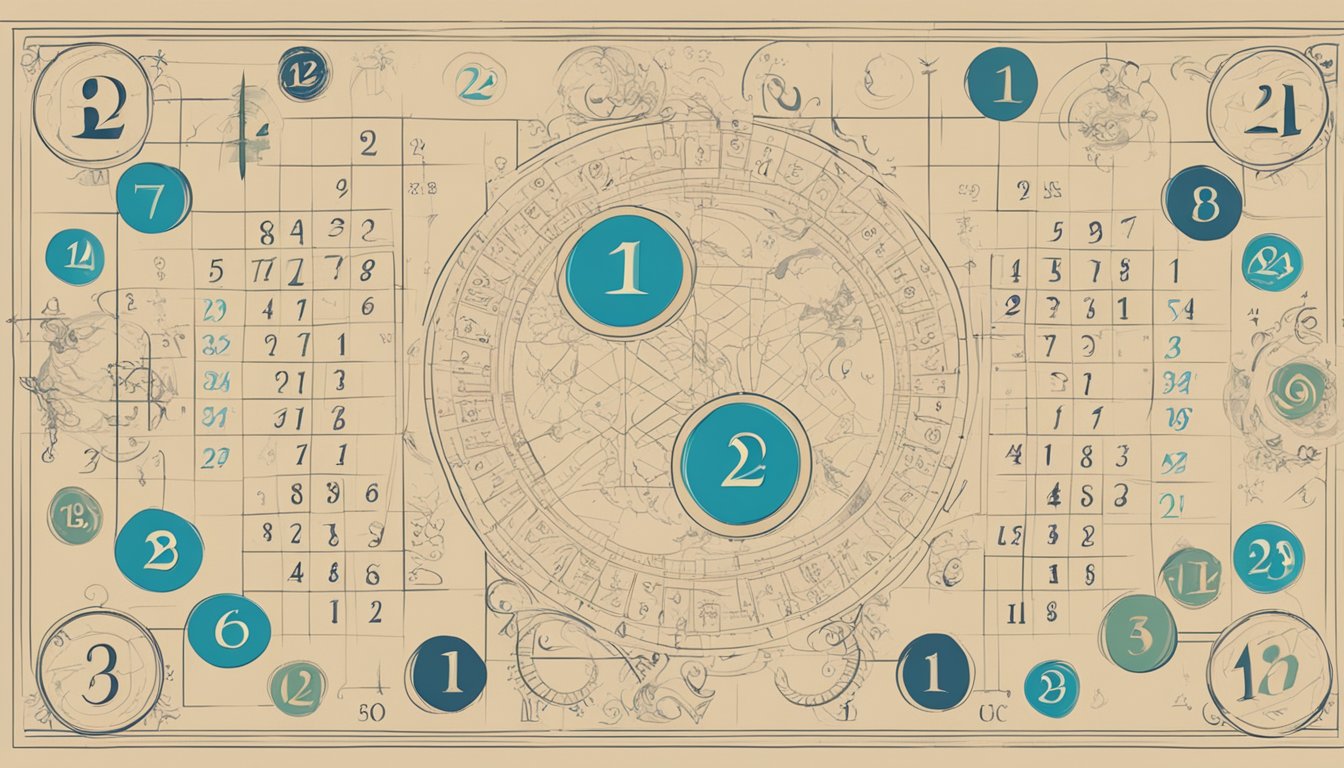 A table with two identical sets of numbers, 1224, surrounded by mystical symbols and numerological charts
