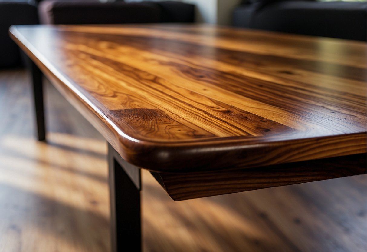A wooden table with half coated in tung oil and half in polyurethane, showing the contrast in finish and color